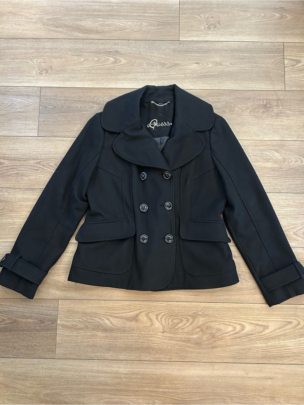 Vintage Y2K GUESS Black Wool Blend Cropped Double Breasted Jacket